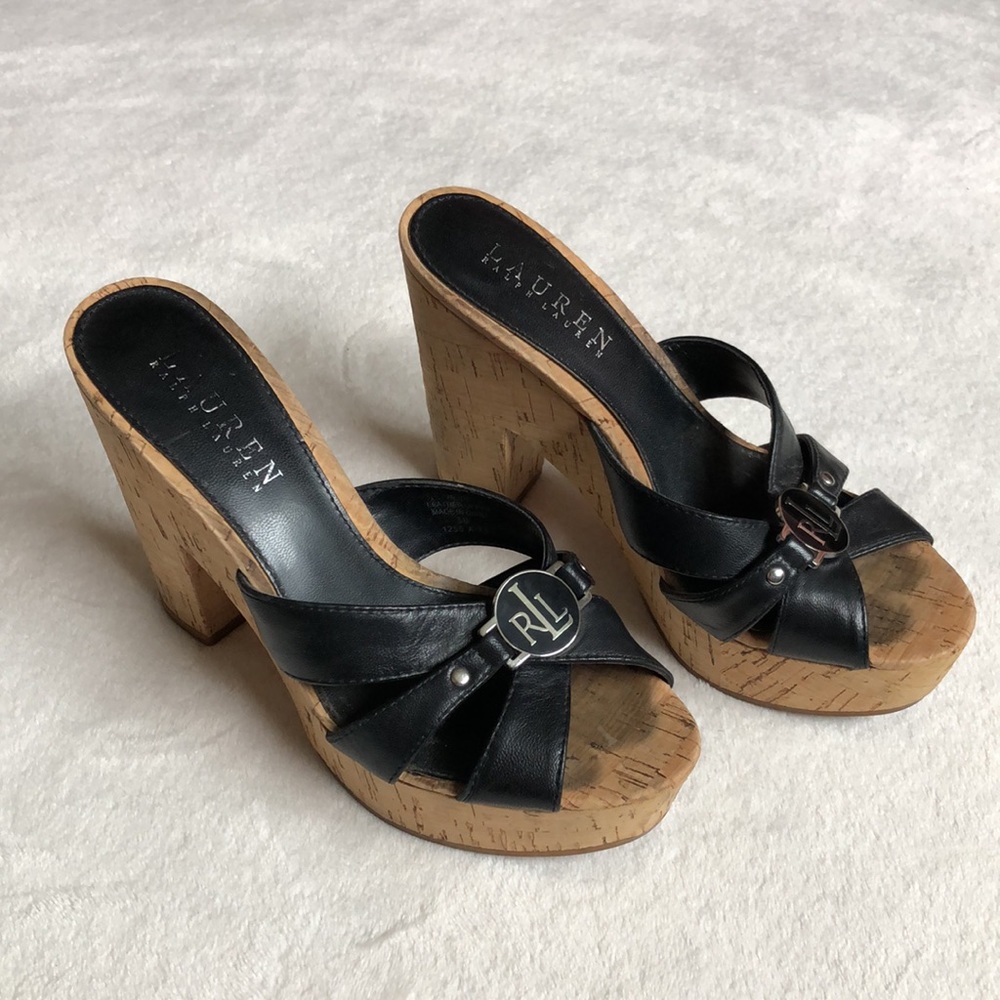 Ralph Lauren Black Faux Leather and Cork Strap Sandal Platform Heels with Logo